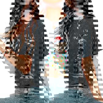 Irish Wolfhound Christmas Lights Santa Hat Reindeer Pajama Women's Oversized Comfort T-Shirt - Monsterry