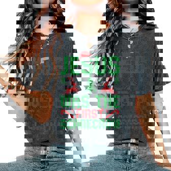 Jesus Was The First Scarecrow Ugly Sweater Christmas Parody Women's Oversized Comfort T-Shirt - Thegiftio