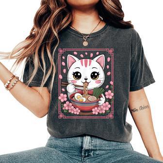 Kawaii Cat Eating Ramen Noodles Japanese Anime Girls Ns Women's Oversized Comfort T-Shirt | Seseable CA