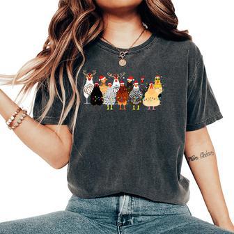 Merry Chickmas Chicken Christmas Ornament Lights Santa Hat Women's Oversized Comfort T-Shirt - Monsterry