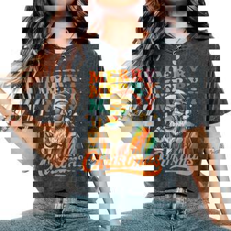 Merry Christmas Retro Holiday Vibes Santa Peace Sign Groovy Women's Oversized Comfort T-Shirt - Monsterry