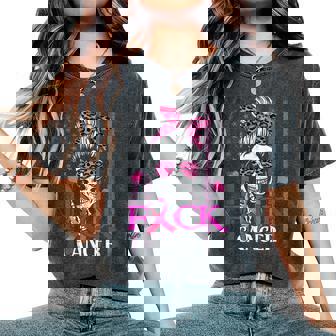 Messy Bun Skull Breast Cancer Awareness Fuck-Cancer Usa Flag Women's Oversized Comfort T-Shirt - Thegiftio