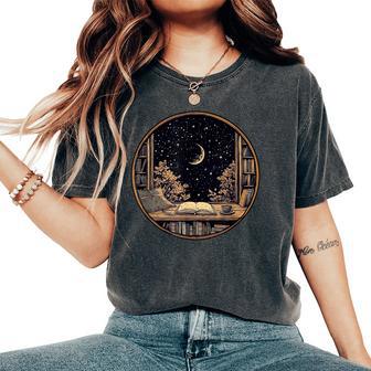 Moon Book Bookshelf Library Coffee Cup Star Stars Pattern Women's Oversized Comfort T-Shirt - Thegiftio UK