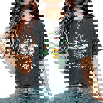 Oh Christmas Bee Wears Santa Hat Xmas Lights Women's Oversized Comfort T-Shirt - Monsterry