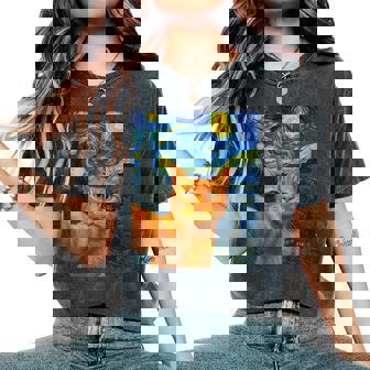 Orange Cat Selfie Van Gogh's Starry Night Cat Mom Cat Lovers Women's Oversized Comfort T-Shirt | Seseable CA