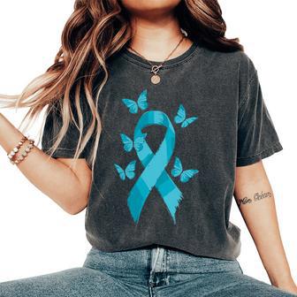 Pocket Teal Ribbon Butterfly Sexual Assault Awareness Month Women's Oversized Comfort T-Shirt | Mazezy