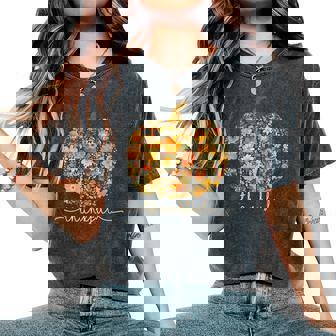 Pumpkin Wildflower Thankful Thanksgiving Autumn Leaves Retro Women's Oversized Comfort T-Shirt | Seseable FR