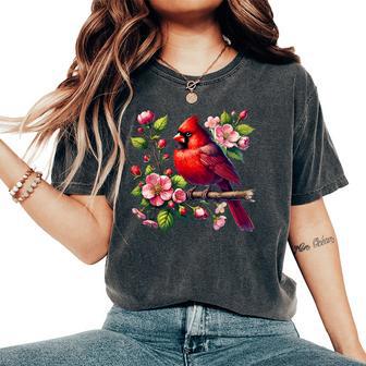 Red Cardinal Floral Cute Birdwatcher Bird Lover Birder Women's Oversized Comfort T-Shirt - Seseable