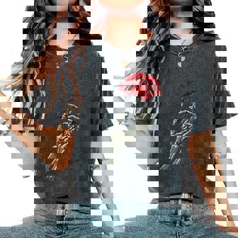 Skeleton Hand Holding Rose Flower Red Rose Women's Oversized Comfort T-Shirt | Seseable CA