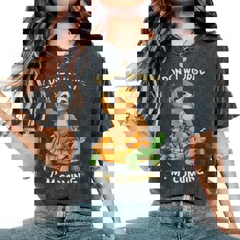 Sloth Riding Turtle Don't Worry I'm Coming Distressed Women's Oversized Comfort T-Shirt - Monsterry