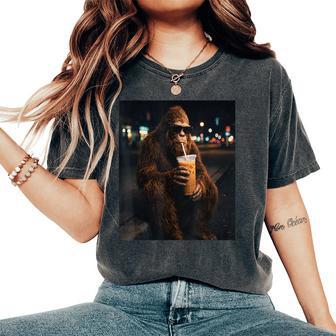 Urban Bigfoot Drinking Iced Coffee Sasquatch Animal Women's Oversized Comfort T-Shirt - Thegiftio UK