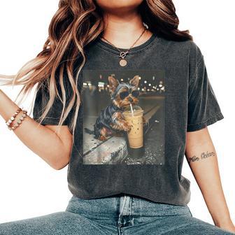 Yorkie Drinking Iced Coffee Animal Meme Dog Lover Women's Oversized Comfort T-Shirt - Thegiftio UK