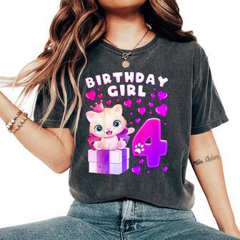 キッズ 4歳の誕生日、4歳の女の子、子猫、番号4 レディースオーバーサイズコンフォートTシャツ - Kawaiitshirt