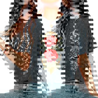 赤いバラ 花 ボタニスト 庭の花 赤いバラ 長袖tシャツ レディースオーバーサイズコンフォートTシャツ - Kawaiitshirt