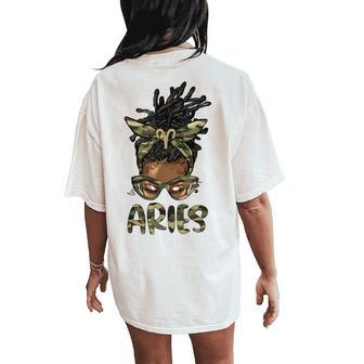 Aries Girl Woman Loc'd Messy Bun Camo Black Women Women's Oversized Comfort T-Shirt Back Print | Mazezy