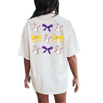 Baseballs & Purple Gold Bows Girls Ball Mom School Pride Women's Oversized Comfort T-Shirt Back Print - Thegiftio