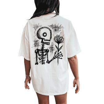 Hand Drawn Skeleton Holding Flower Women's Oversized Comfort T-Shirt Back Print - Thegiftio UK