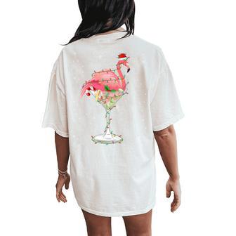 Pink Flamingo Drinking Cocktail Santa Hat Christmas Lights Women's Oversized Comfort T-Shirt Back Print - Thegiftio UK