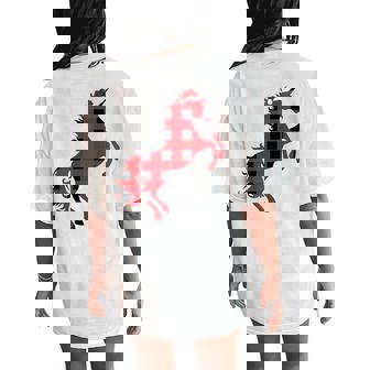 Unicorn Horse Christmas Pajamas Buffalo Plaid Xmas Tri-Blend Women's Oversized Comfort T-Shirt Back Print - Monsterry