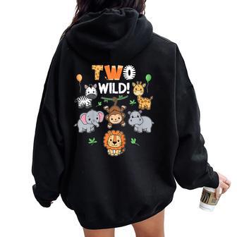 2Nd Birthday Boy Girl Two Wild Jungle Zoo Animals Birthday Women Oversized Hoodie Back Print - Thegiftio UK