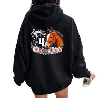 4Th Horse Birthday Four Years Old Girls Horses Birthday Women Oversized Hoodie Back Print - Thegiftio
