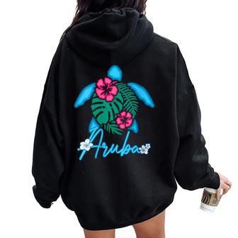 Aruba Sea Turtle Hibiscus Tropical Ocean Blue Vacation Women Oversized Hoodie Back Print | Mazezy