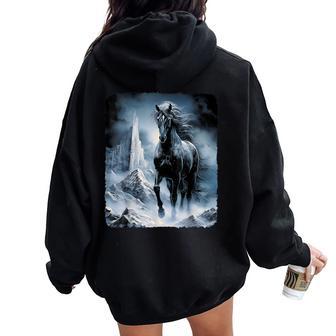 Beautiful Black Horse Running Through The Snow Women Oversized Hoodie Back Print - Thegiftio UK