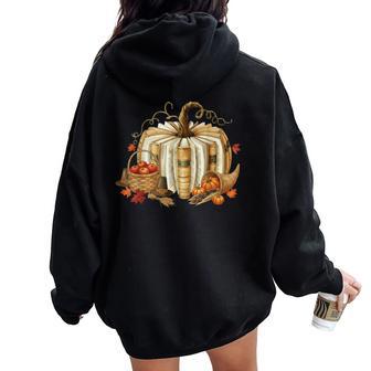 Book Pumpkin Fall Reading Thanksgiving Teacher Librarian Women Oversized Hoodie Back Print - Thegiftio