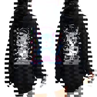 Cat DJ Spinning Records Graffiti Style Women Oversized Hoodie Back Print | Mazezy