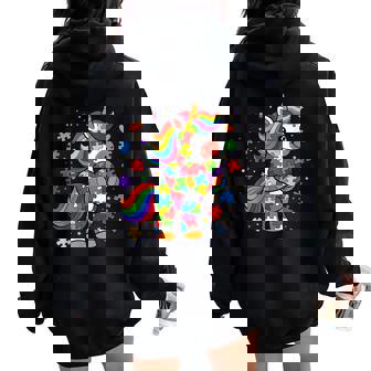 Cute Autism Awareness Toddler Girl Unicorn Heart Puzzle Women Oversized Hoodie Back Print - Thegiftio