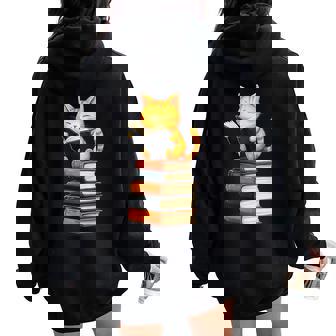 Cute Cat Reading Books Lover Storytelling Theme Bookworm Women Oversized Hoodie Back Print | Mazezy