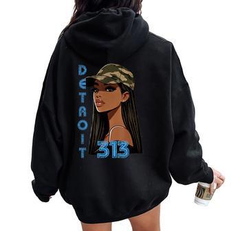 Detroit 313 Black Woman Or Girls Camo Hat Hometown Women Oversized Hoodie Back Print | Mazezy
