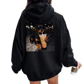 Dog Rottweiler Drinking Iced Coffee Animal Meme Women Oversized Hoodie Back Print - Thegiftio UK