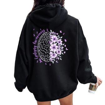 Epilepsy Awareness Floral Brain Purple Ribbon Warrior Women Women Oversized Hoodie Back Print - Thegiftio UK