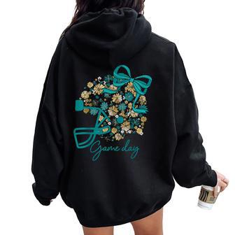 Floral Football Game Day Girly Team Spirit Black Teal & Gold Women Oversized Hoodie Back Print - Thegiftio UK