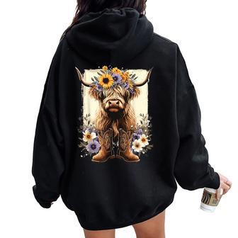 Floral Highland Cow Cowboy Boots Western Country Women Oversized Hoodie Back Print - Thegiftio UK
