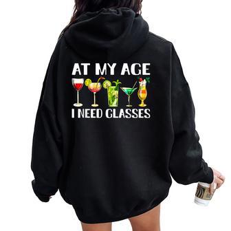 At My Age I Need Glasses Dad Mom Wine Drinking Women Oversized Hoodie Back Print - Thegiftio UK
