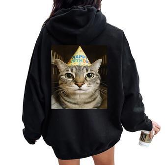 Staring Meme Cat Birthday Greeting Adults Boys Girls Women Oversized Hoodie Back Print - Thegiftio UK