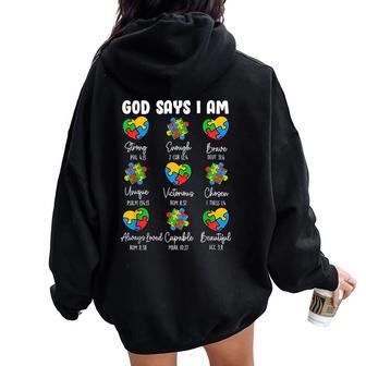 God Says I Am Autism Awareness Christian Bible Verse Women Oversized Hoodie Back Print - Thegiftio UK