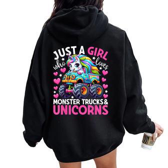 Just A Girl Who Loves Monster Trucks And Unicorns Girls Women Oversized Hoodie Back Print | Mazezy