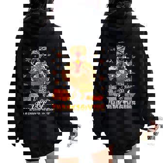 Leopard Bougie Turkey Drinking Coffee Happy Thanksgiving Women Oversized Hoodie Back Print | Mazezy