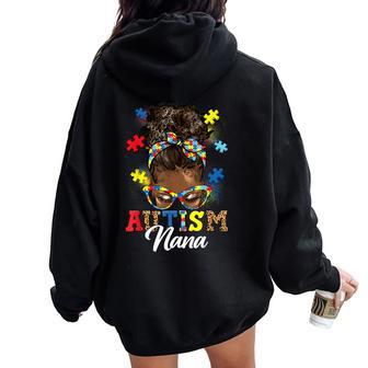 Messy Bun Hair Black Afro Autism Nana Autism Awareness Women Oversized Hoodie Back Print | Seseable UK