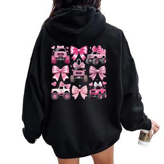 Monster Truck Girl Coquette Bow Pink Monster Truck Women Oversized Hoodie Back Print - Thegiftio UK
