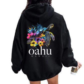 Oahu Hawaii Sea Turtle Hawaiian Surfer Souvenir Women Oversized Hoodie Back Print - Thegiftio UK