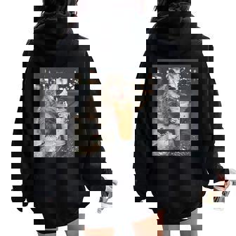 Opossum Drinking Iced Coffee Animal Meme Possum Humor Women Oversized Hoodie Back Print - Thegiftio