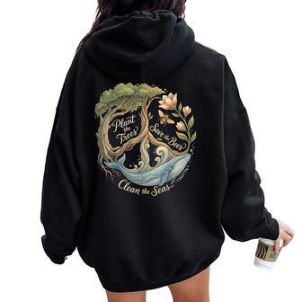 Plant The Trees Save The Bees Peace Sign Earth Day Women Oversized Hoodie Back Print - Thegiftio