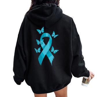 Pocket Teal Ribbon Butterfly Sexual Assault Awareness Month Women Oversized Hoodie Back Print | Mazezy