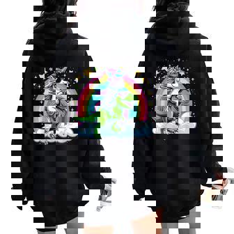 Rainbow Unicorn Riding T Rex Dinosaur Boys Girls Women Women Oversized Hoodie Back Print | Seseable UK