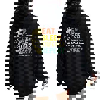 Retro Eat Sleep Stop Goals Repeat Ice Hockey Goalie Women Oversized Hoodie Back Print | Mazezy