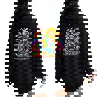 Retro Frog Tie Dye Peace Sign Mushroom Sunflower Hippie Women Oversized Hoodie Back Print | Mazezy